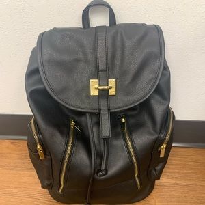 Black, faux leather backpack